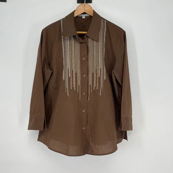 Foxcroft Brown Wrinkle Free Shaped Fit Button Up Embellished Shirt Size 14 Work - Picture 1 of 5